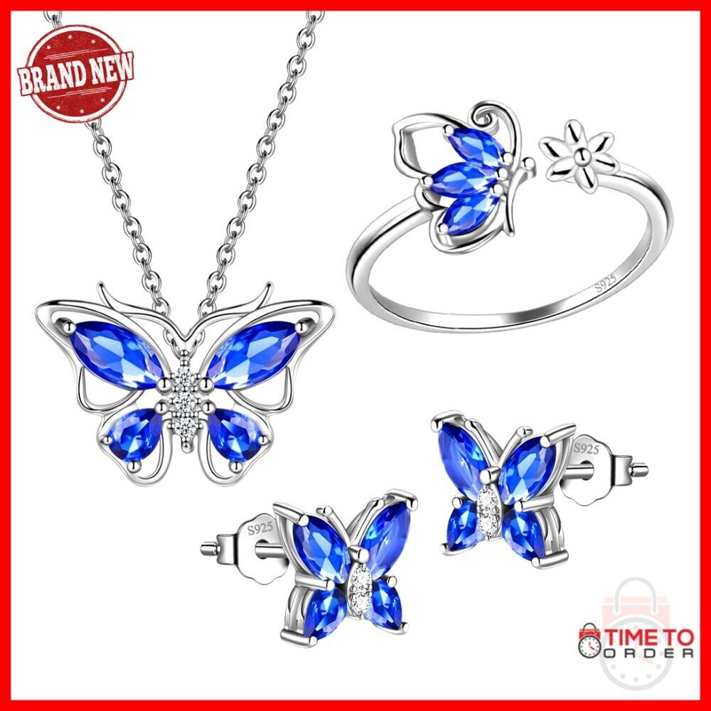925 Sterling Silver Butterfly Jewelry Set with Cubic Zirconia Birthstone